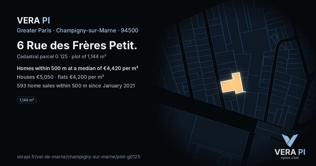 6 Rue des Frères Petit, Champigny-sur-Marne at night – the plot lit, the parcels around coloured by the prices near them