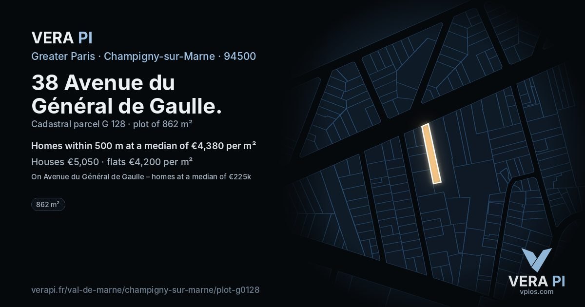 38 Avenue du Général de Gaulle, Champigny-sur-Marne at night – the plot lit, the parcels around coloured by the prices near them
