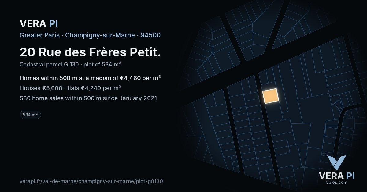 20 Rue des Frères Petit, Champigny-sur-Marne at night – the plot lit, the parcels around coloured by the prices near them