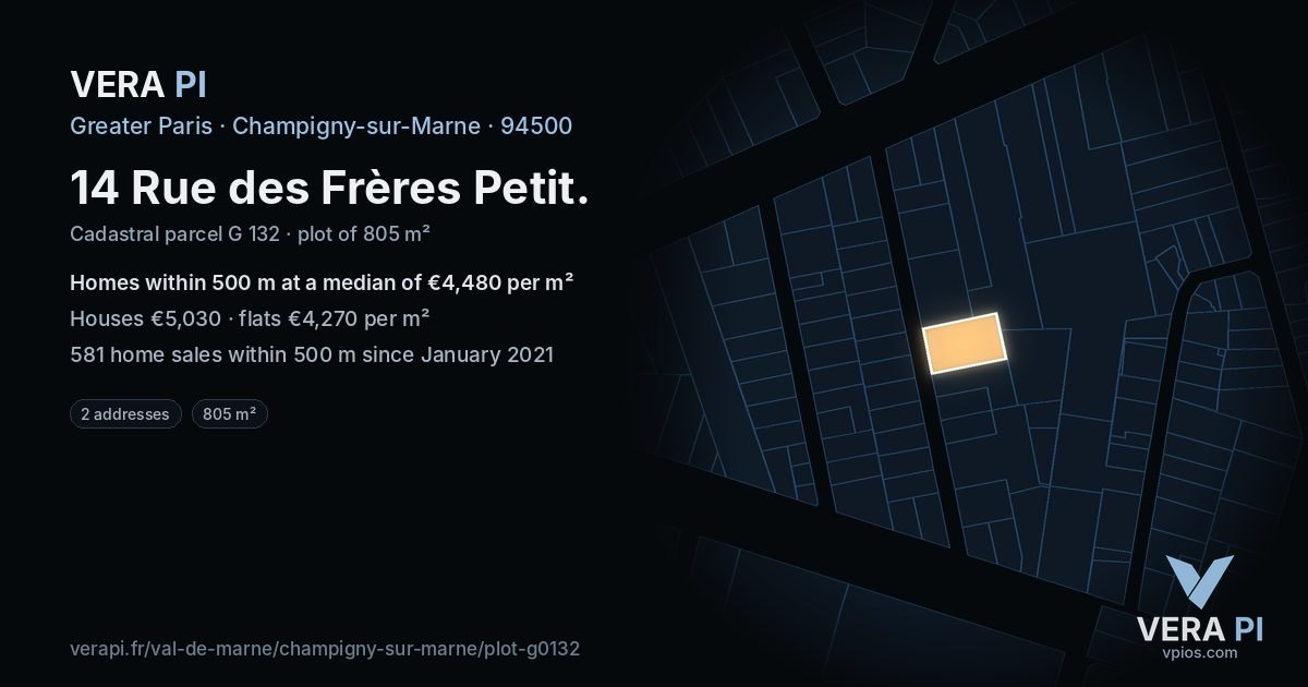 14 Rue des Frères Petit, Champigny-sur-Marne at night – the plot lit, the parcels around coloured by the prices near them
