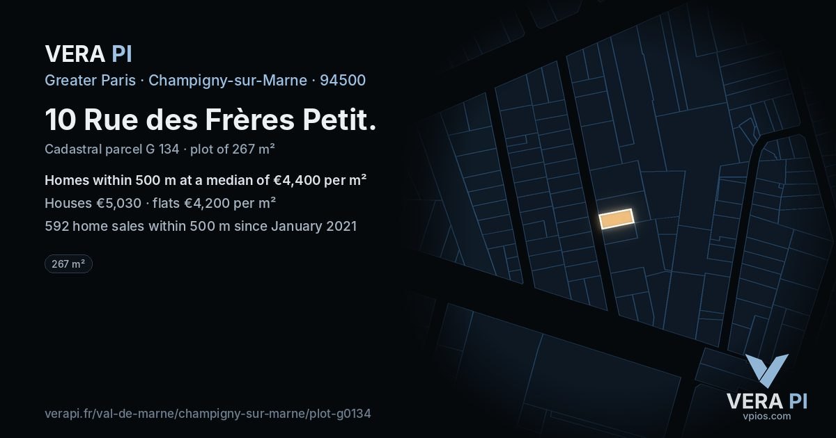 10 Rue des Frères Petit, Champigny-sur-Marne at night – the plot lit, the parcels around coloured by the prices near them