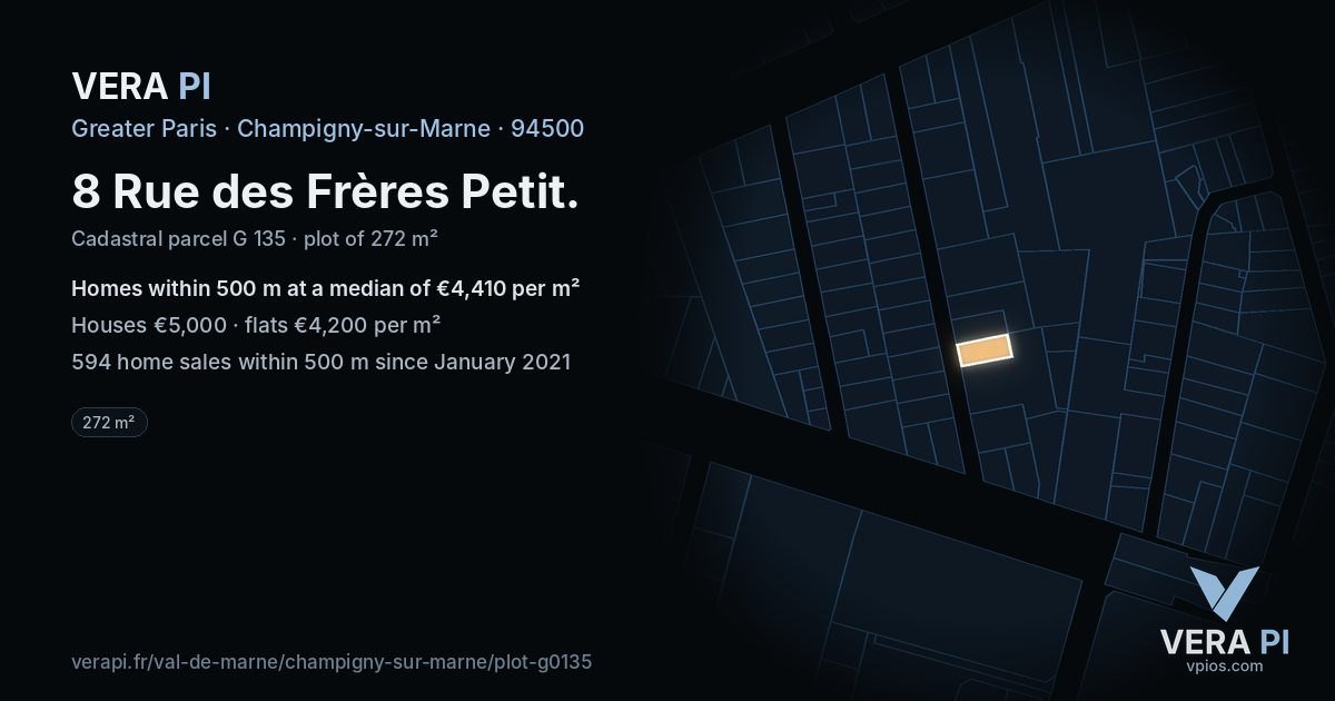 8 Rue des Frères Petit, Champigny-sur-Marne at night – the plot lit, the parcels around coloured by the prices near them