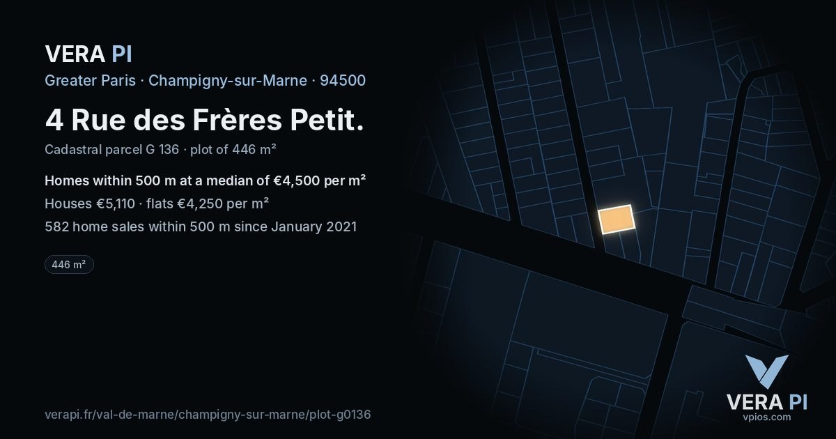 4 Rue des Frères Petit, Champigny-sur-Marne at night – the plot lit, the parcels around coloured by the prices near them