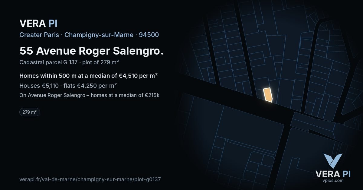 55 Avenue Roger Salengro, Champigny-sur-Marne at night – the plot lit, the parcels around coloured by the prices near them