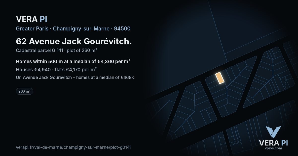 62 Avenue Jack Gourévitch, Champigny-sur-Marne at night – the plot lit, the parcels around coloured by the prices near them