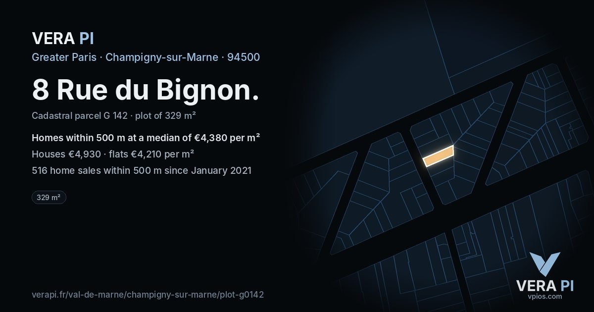 8 Rue du Bignon, Champigny-sur-Marne at night – the plot lit, the parcels around coloured by the prices near them