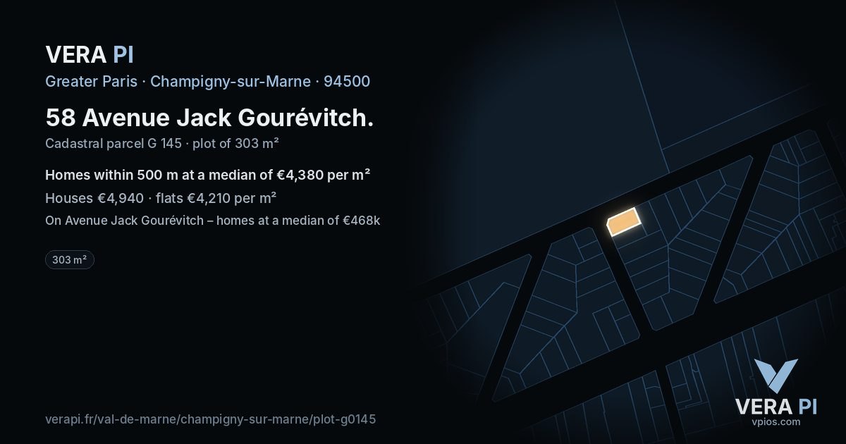 58 Avenue Jack Gourévitch, Champigny-sur-Marne at night – the plot lit, the parcels around coloured by the prices near them