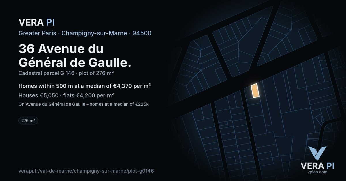 36 Avenue du Général de Gaulle, Champigny-sur-Marne at night – the plot lit, the parcels around coloured by the prices near them