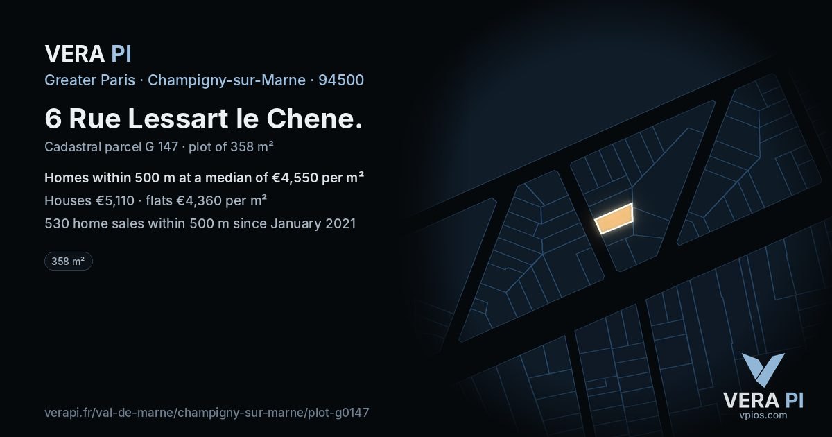 6 Rue Lessart le Chene, Champigny-sur-Marne at night – the plot lit, the parcels around coloured by the prices near them
