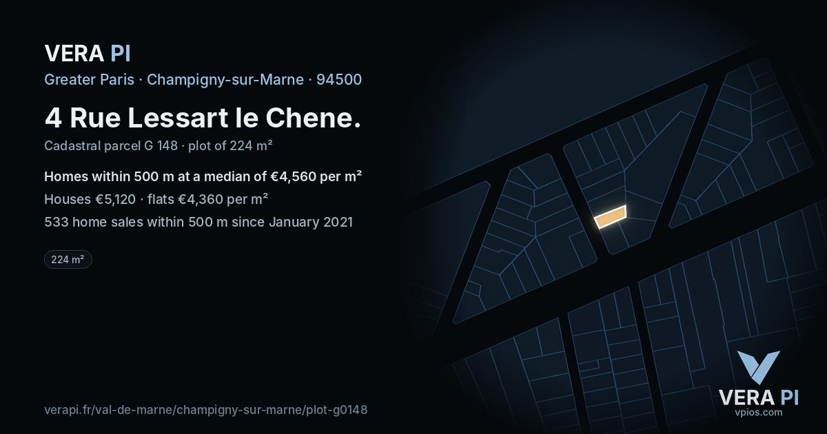 4 Rue Lessart le Chene, Champigny-sur-Marne at night – the plot lit, the parcels around coloured by the prices near them