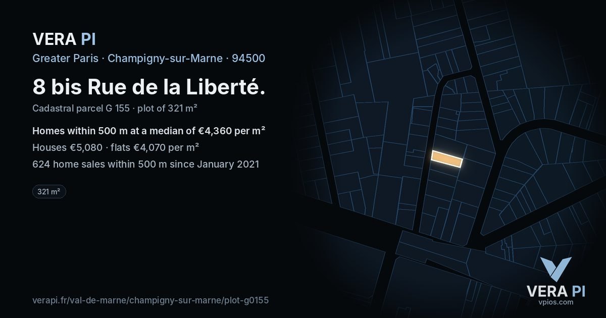 8 bis Rue de la Liberté, Champigny-sur-Marne at night – the plot lit, the parcels around coloured by the prices near them