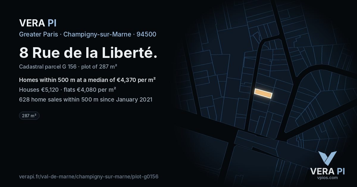 8 Rue de la Liberté, Champigny-sur-Marne at night – the plot lit, the parcels around coloured by the prices near them
