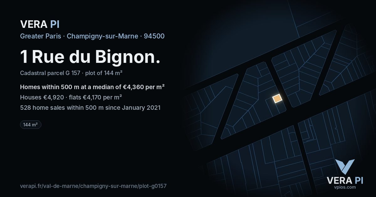 1 Rue du Bignon, Champigny-sur-Marne at night – the plot lit, the parcels around coloured by the prices near them