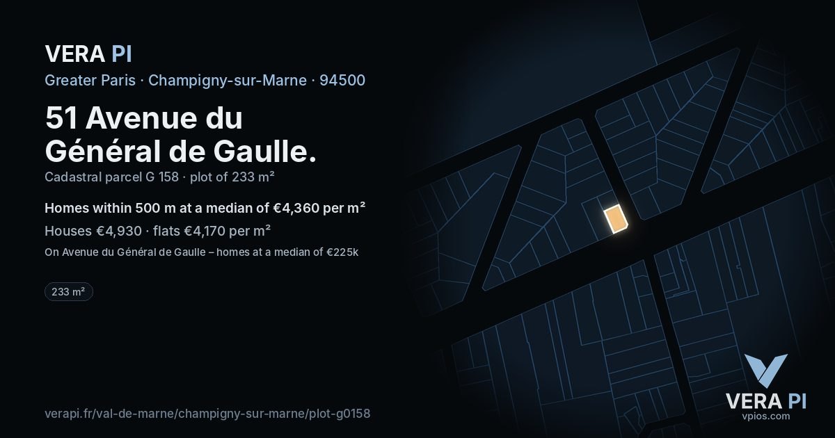 51 Avenue du Général de Gaulle, Champigny-sur-Marne at night – the plot lit, the parcels around coloured by the prices near them