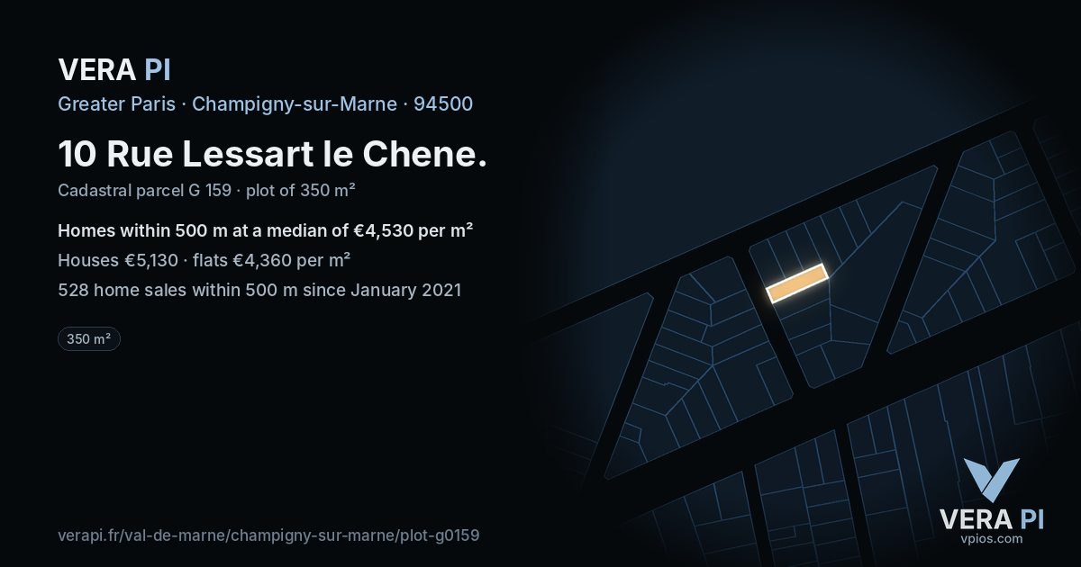 10 Rue Lessart le Chene, Champigny-sur-Marne at night – the plot lit, the parcels around coloured by the prices near them