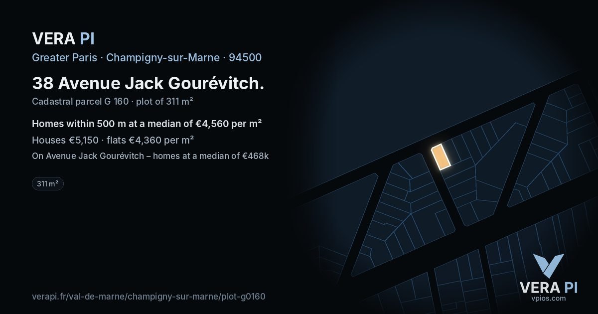 38 Avenue Jack Gourévitch, Champigny-sur-Marne at night – the plot lit, the parcels around coloured by the prices near them