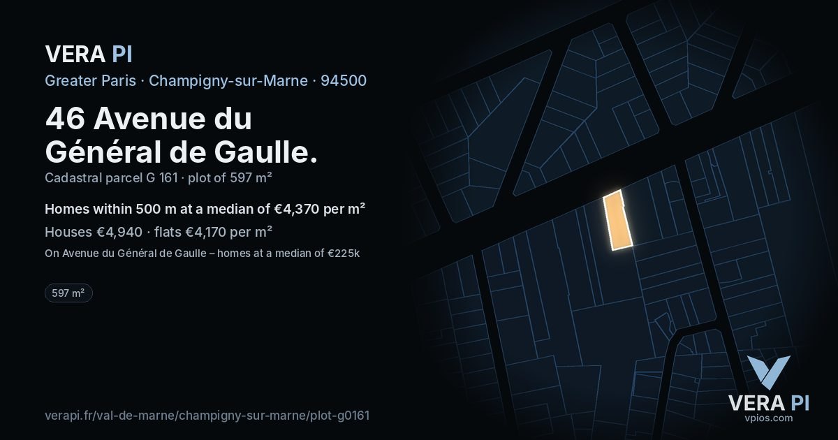 46 Avenue du Général de Gaulle, Champigny-sur-Marne at night – the plot lit, the parcels around coloured by the prices near them