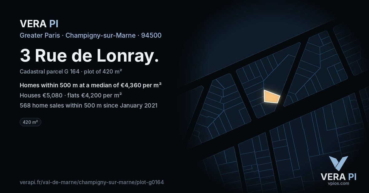 3 Rue de Lonray, Champigny-sur-Marne at night – the plot lit, the parcels around coloured by the prices near them