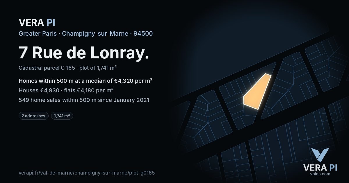 7 Rue de Lonray, Champigny-sur-Marne at night – the plot lit, the parcels around coloured by the prices near them