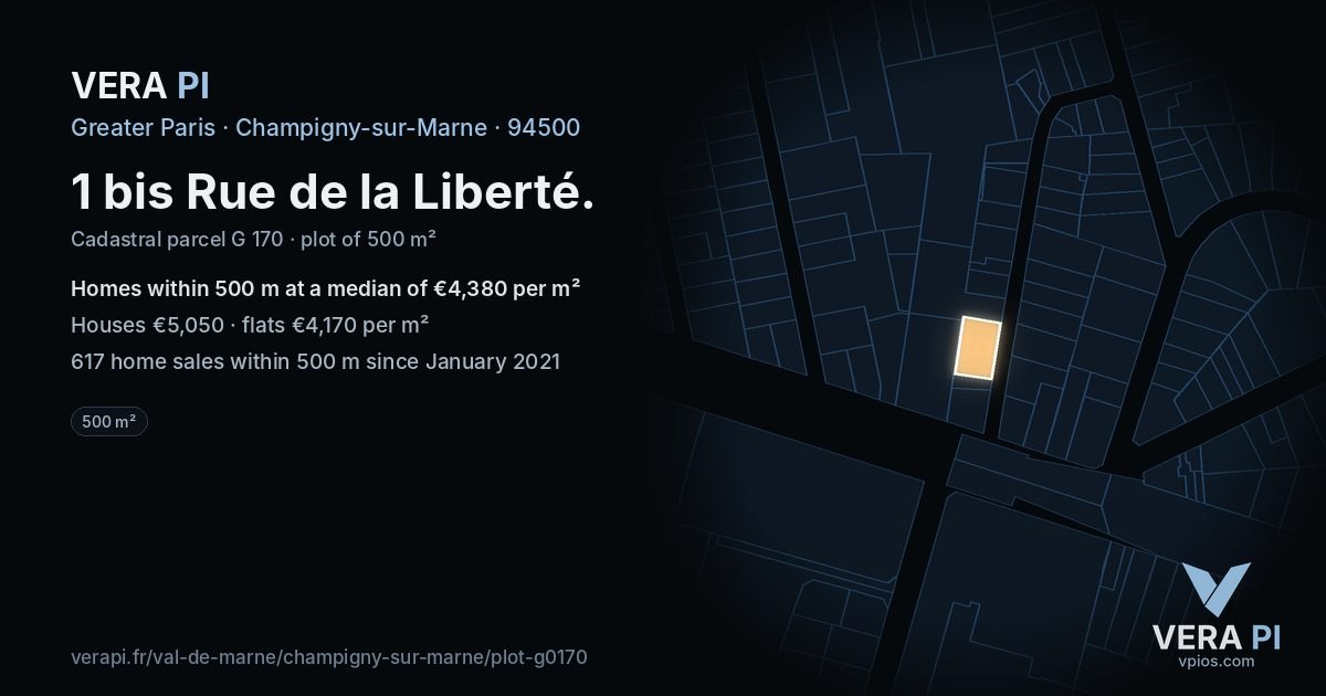 1 bis Rue de la Liberté, Champigny-sur-Marne at night – the plot lit, the parcels around coloured by the prices near them