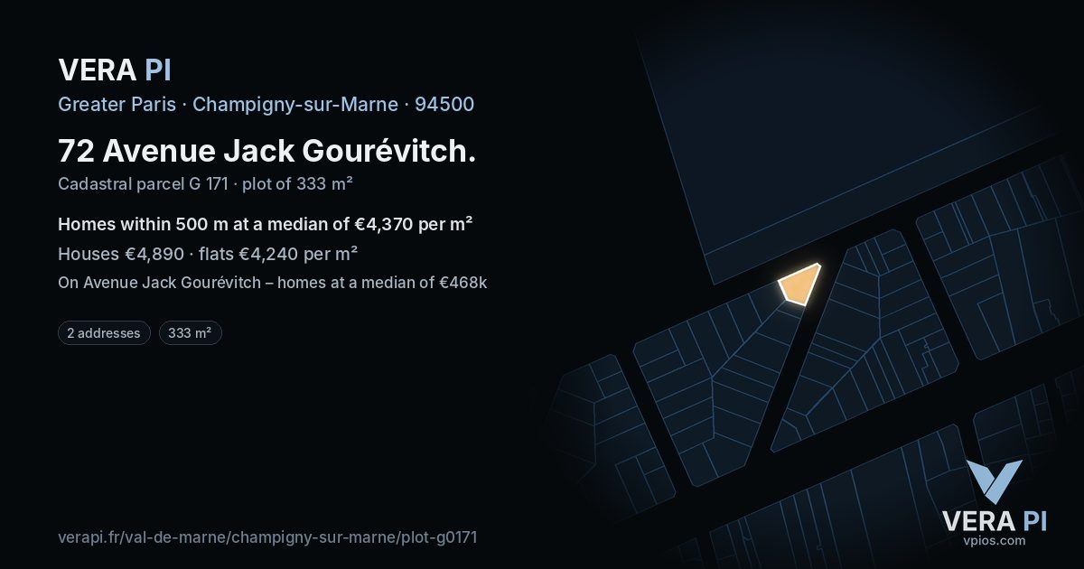 72 Avenue Jack Gourévitch, Champigny-sur-Marne at night – the plot lit, the parcels around coloured by the prices near them