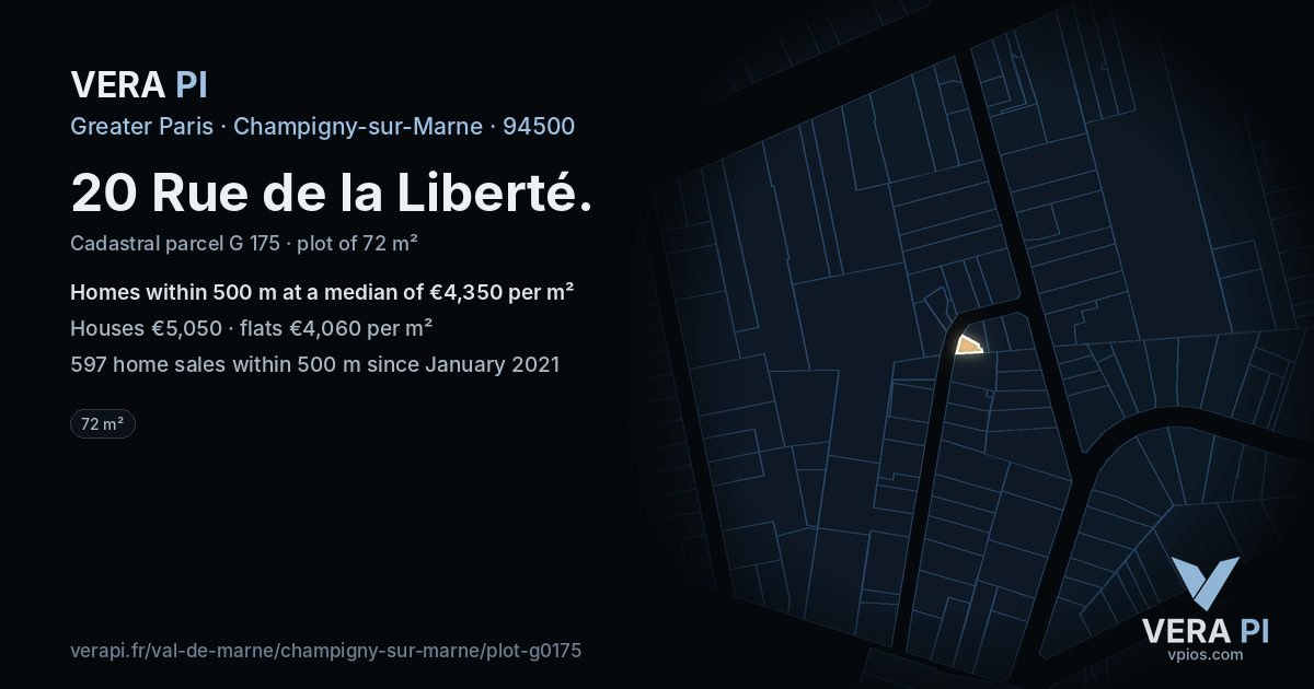 20 Rue de la Liberté, Champigny-sur-Marne at night – the plot lit, the parcels around coloured by the prices near them