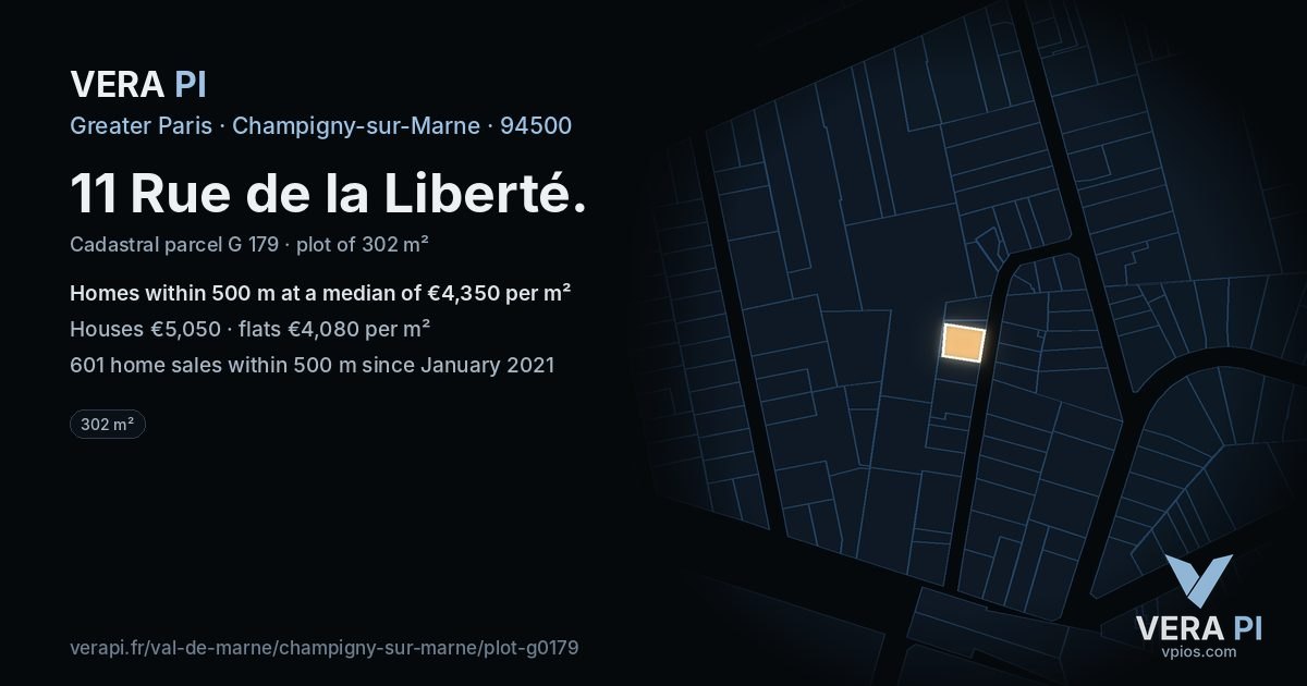 11 Rue de la Liberté, Champigny-sur-Marne at night – the plot lit, the parcels around coloured by the prices near them