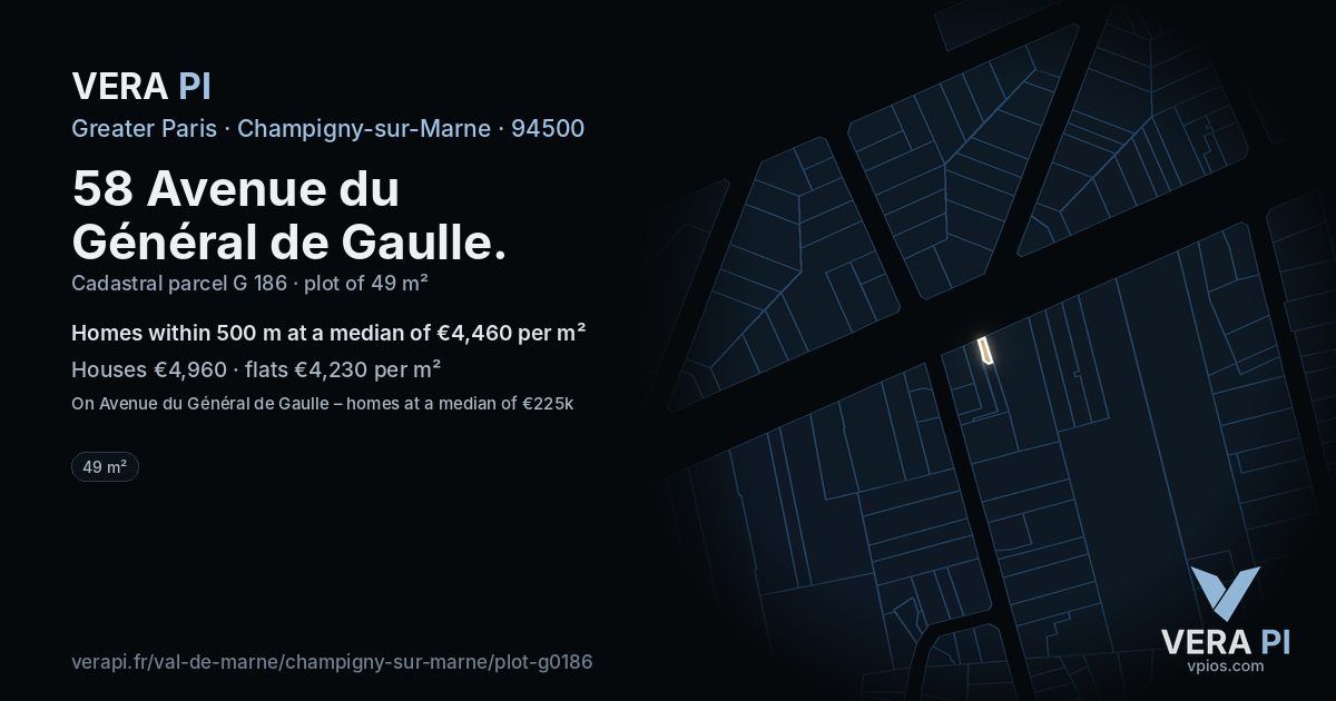 58 Avenue du Général de Gaulle, Champigny-sur-Marne at night – the plot lit, the parcels around coloured by the prices near them