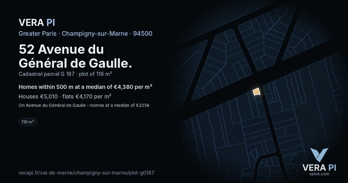 52 Avenue du Général de Gaulle, Champigny-sur-Marne at night – the plot lit, the parcels around coloured by the prices near them