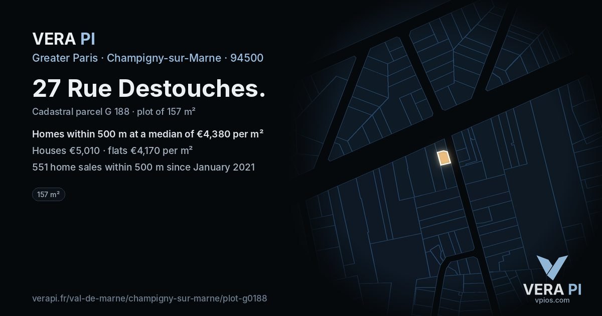 27 Rue Destouches, Champigny-sur-Marne at night – the plot lit, the parcels around coloured by the prices near them