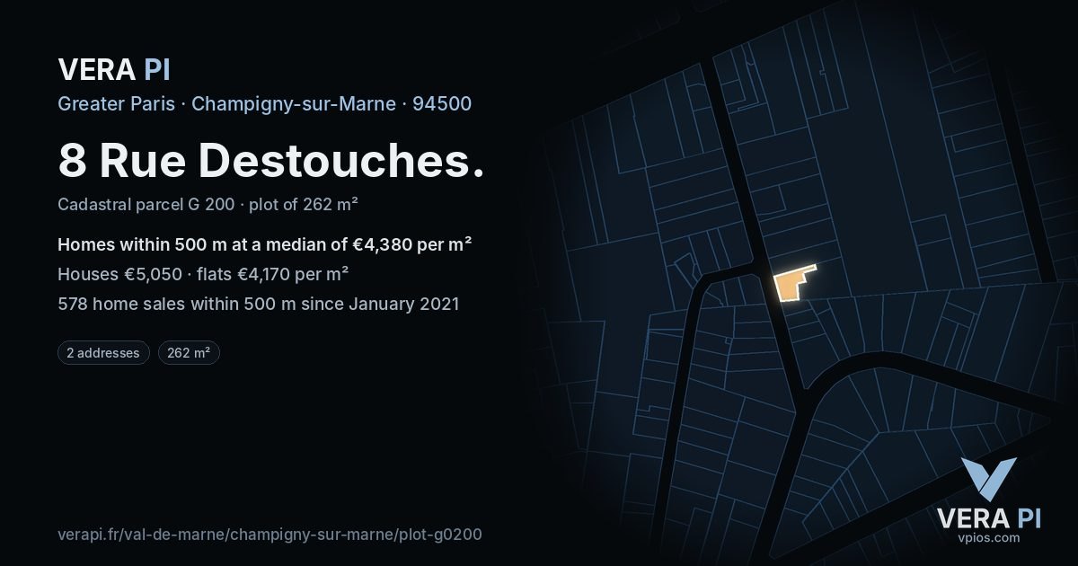 8 Rue Destouches, Champigny-sur-Marne at night – the plot lit, the parcels around coloured by the prices near them