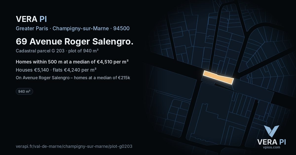 69 Avenue Roger Salengro, Champigny-sur-Marne at night – the plot lit, the parcels around coloured by the prices near them