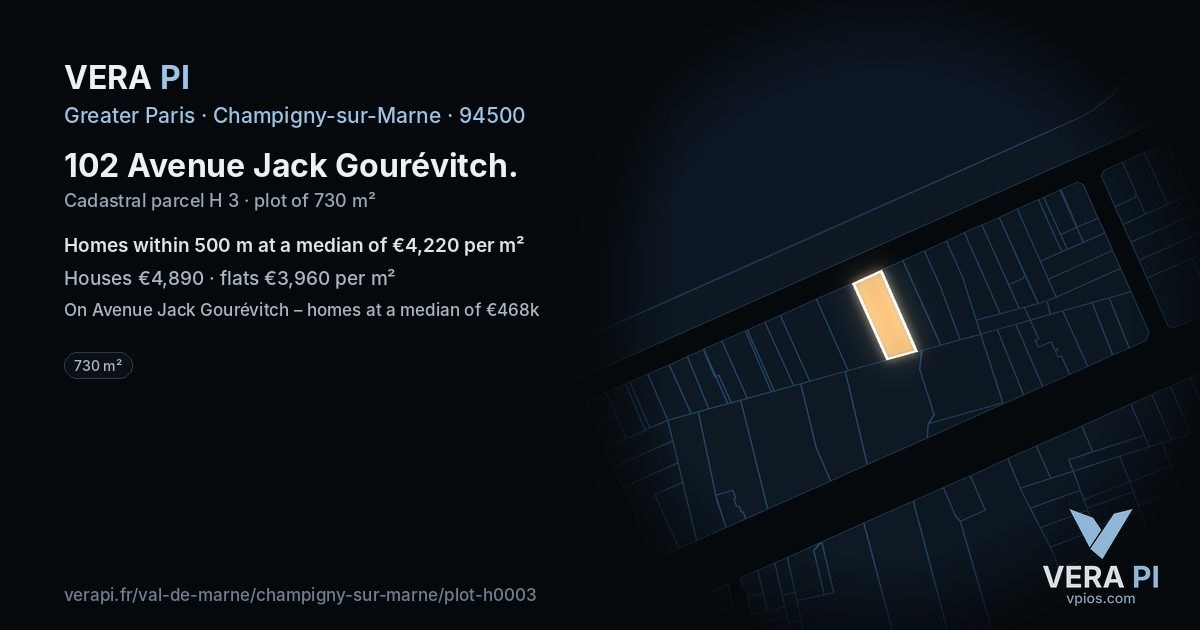 102 Avenue Jack Gourévitch, Champigny-sur-Marne at night – the plot lit, the parcels around coloured by the prices near them