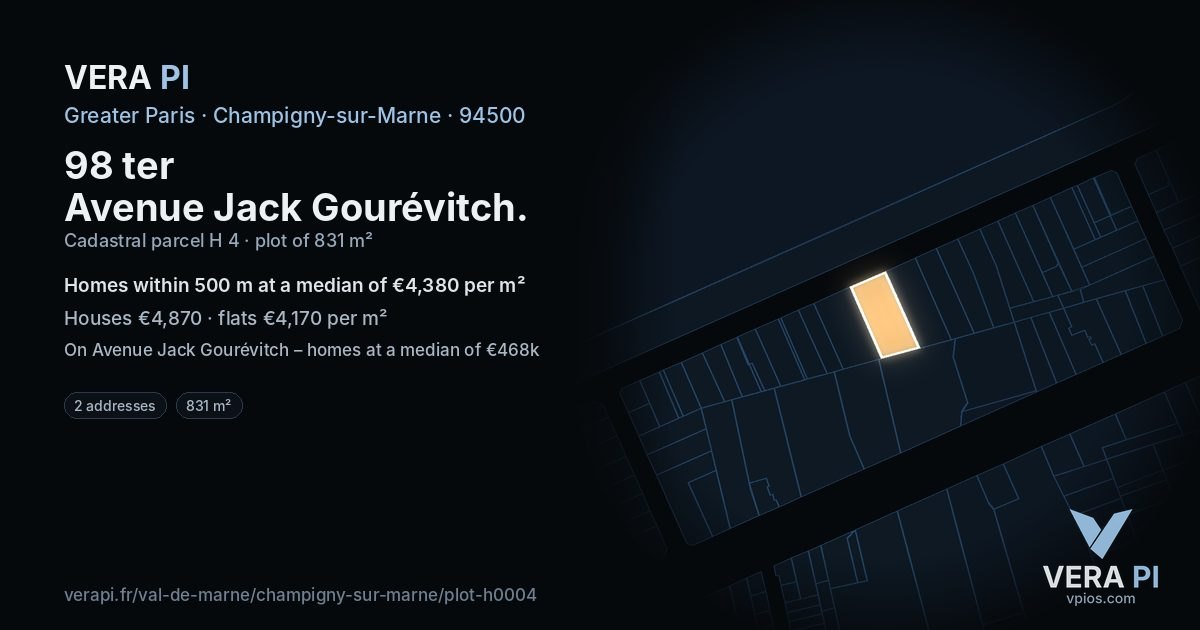 98 ter Avenue Jack Gourévitch, Champigny-sur-Marne at night – the plot lit, the parcels around coloured by the prices near them