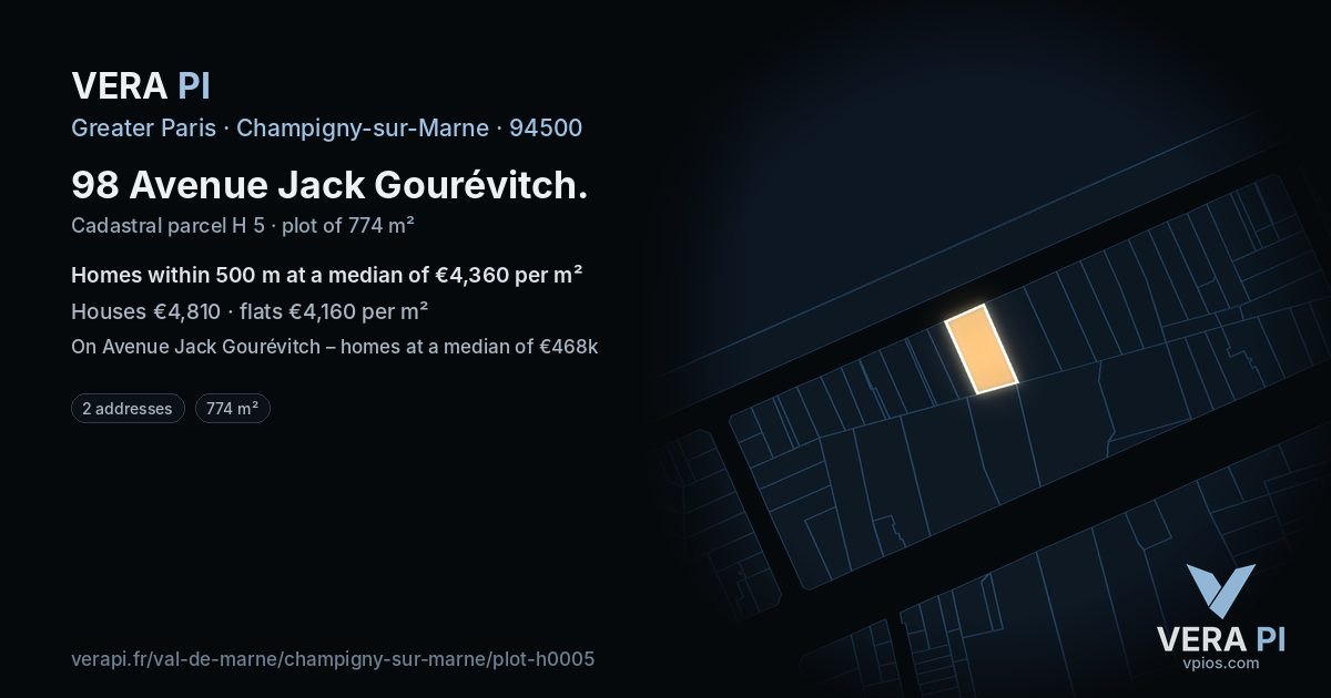 98 Avenue Jack Gourévitch, Champigny-sur-Marne at night – the plot lit, the parcels around coloured by the prices near them