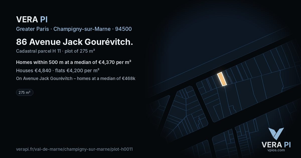 86 Avenue Jack Gourévitch, Champigny-sur-Marne at night – the plot lit, the parcels around coloured by the prices near them