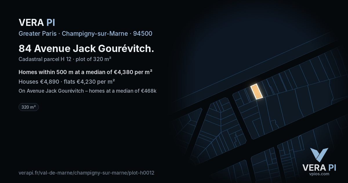 84 Avenue Jack Gourévitch, Champigny-sur-Marne at night – the plot lit, the parcels around coloured by the prices near them