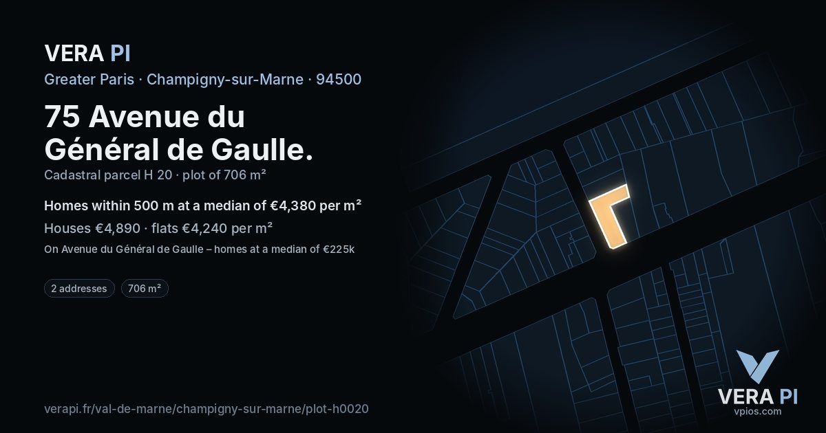 75 Avenue du Général de Gaulle, Champigny-sur-Marne at night – the plot lit, the parcels around coloured by the prices near them