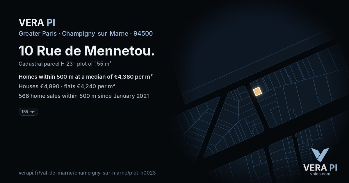 10 Rue de Mennetou, Champigny-sur-Marne at night – the plot lit, the parcels around coloured by the prices near them