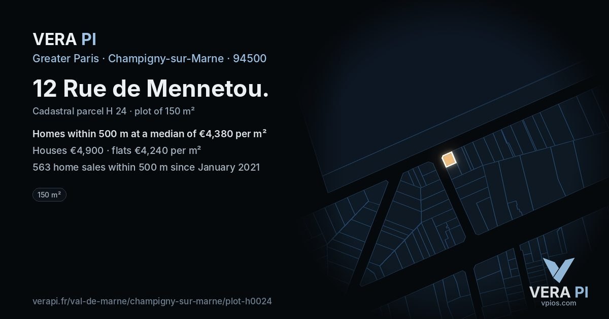 12 Rue de Mennetou, Champigny-sur-Marne at night – the plot lit, the parcels around coloured by the prices near them