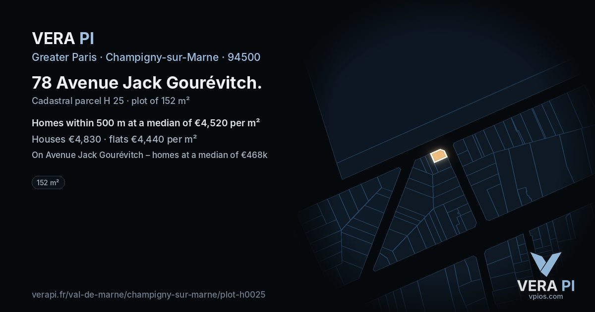 78 Avenue Jack Gourévitch, Champigny-sur-Marne at night – the plot lit, the parcels around coloured by the prices near them