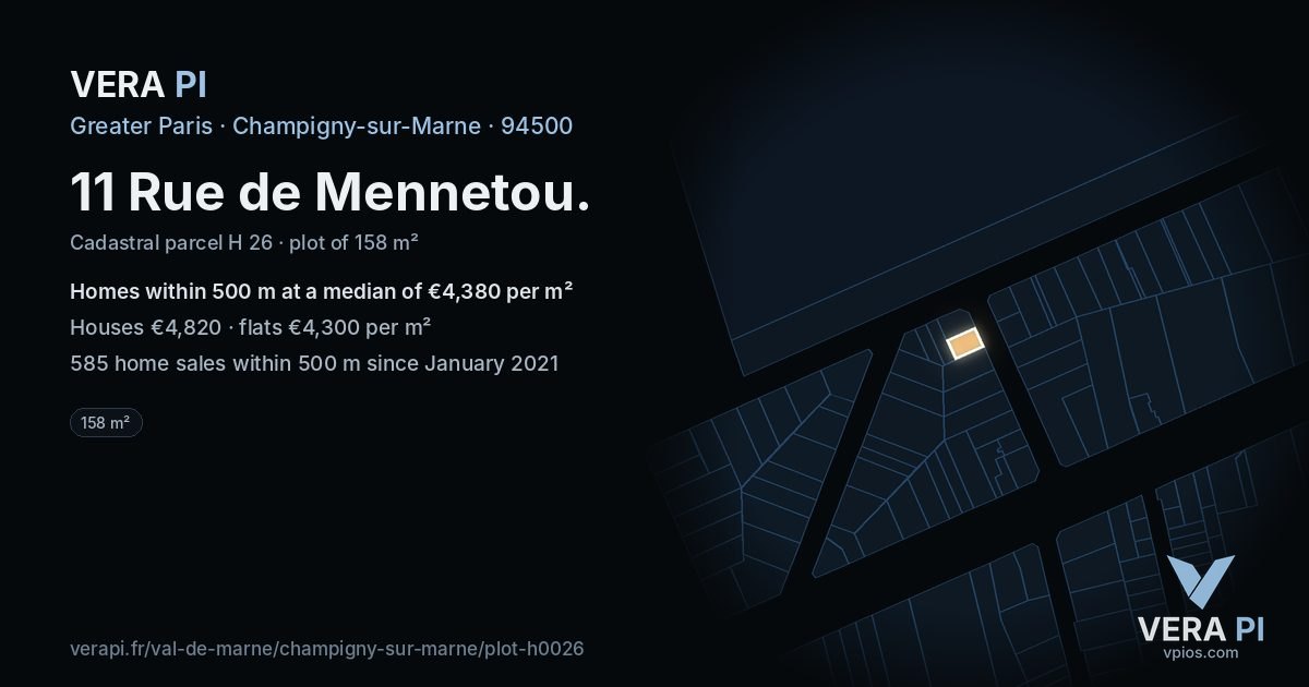11 Rue de Mennetou, Champigny-sur-Marne at night – the plot lit, the parcels around coloured by the prices near them