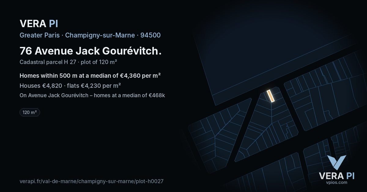 76 Avenue Jack Gourévitch, Champigny-sur-Marne at night – the plot lit, the parcels around coloured by the prices near them