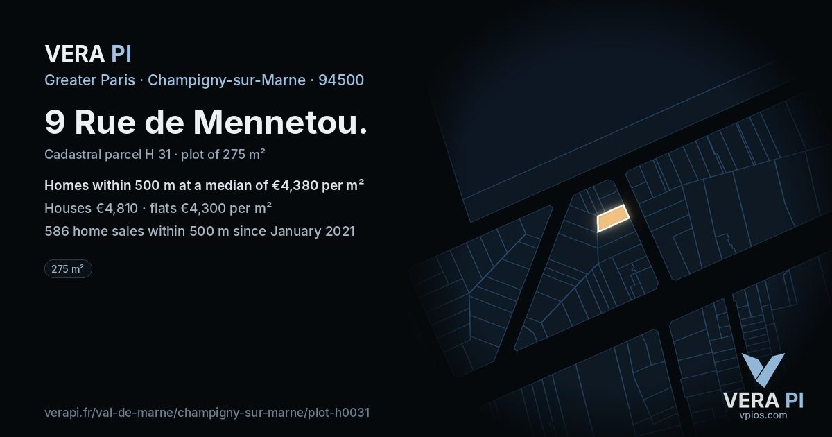 9 Rue de Mennetou, Champigny-sur-Marne at night – the plot lit, the parcels around coloured by the prices near them