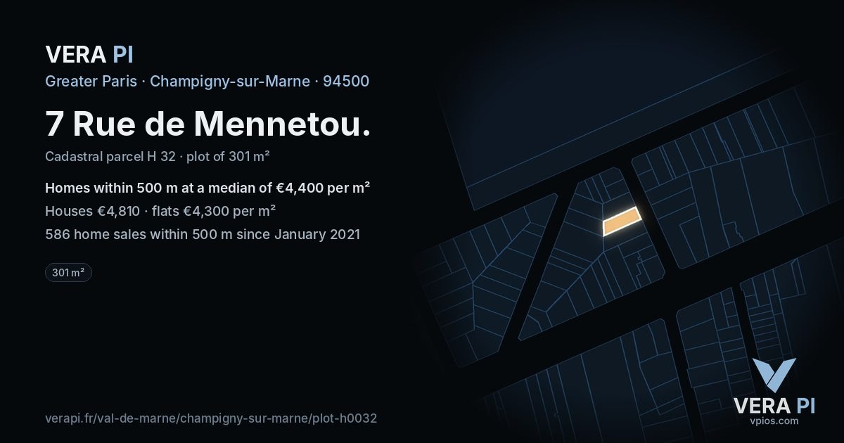 7 Rue de Mennetou, Champigny-sur-Marne at night – the plot lit, the parcels around coloured by the prices near them