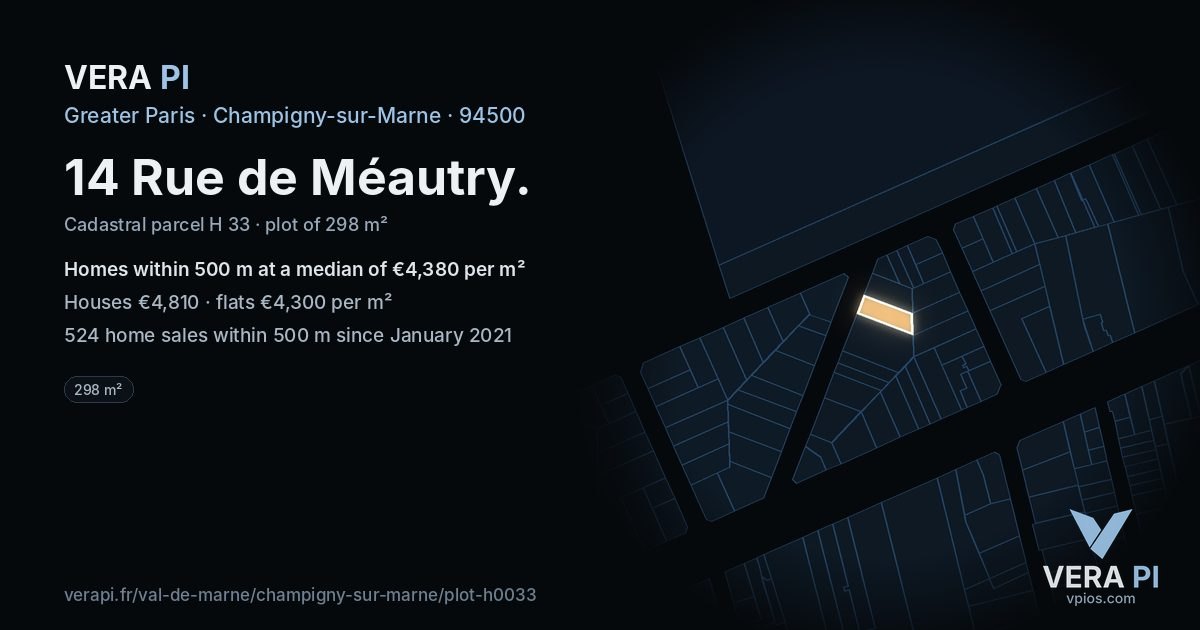 14 Rue de Méautry, Champigny-sur-Marne at night – the plot lit, the parcels around coloured by the prices near them