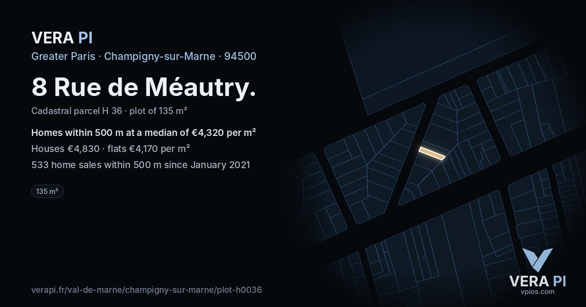 8 Rue de Méautry, Champigny-sur-Marne at night – the plot lit, the parcels around coloured by the prices near them