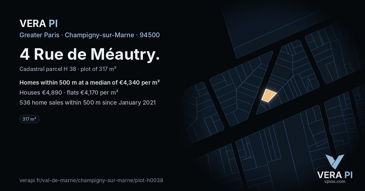 4 Rue de Méautry, Champigny-sur-Marne at night – the plot lit, the parcels around coloured by the prices near them