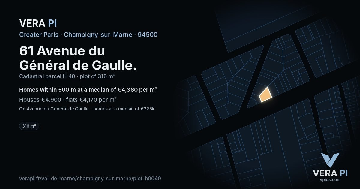 61 Avenue du Général de Gaulle, Champigny-sur-Marne at night – the plot lit, the parcels around coloured by the prices near them