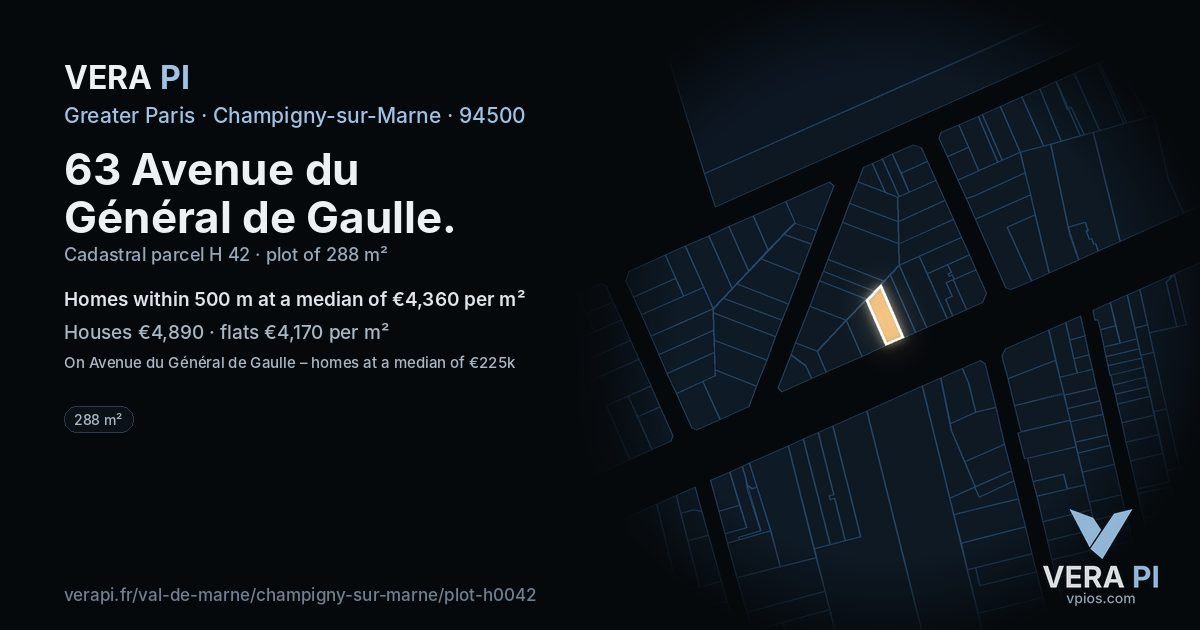 63 Avenue du Général de Gaulle, Champigny-sur-Marne at night – the plot lit, the parcels around coloured by the prices near them
